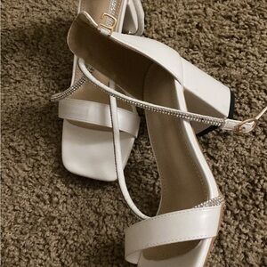 SHEIN White Block Heels with Rhinestone Straps